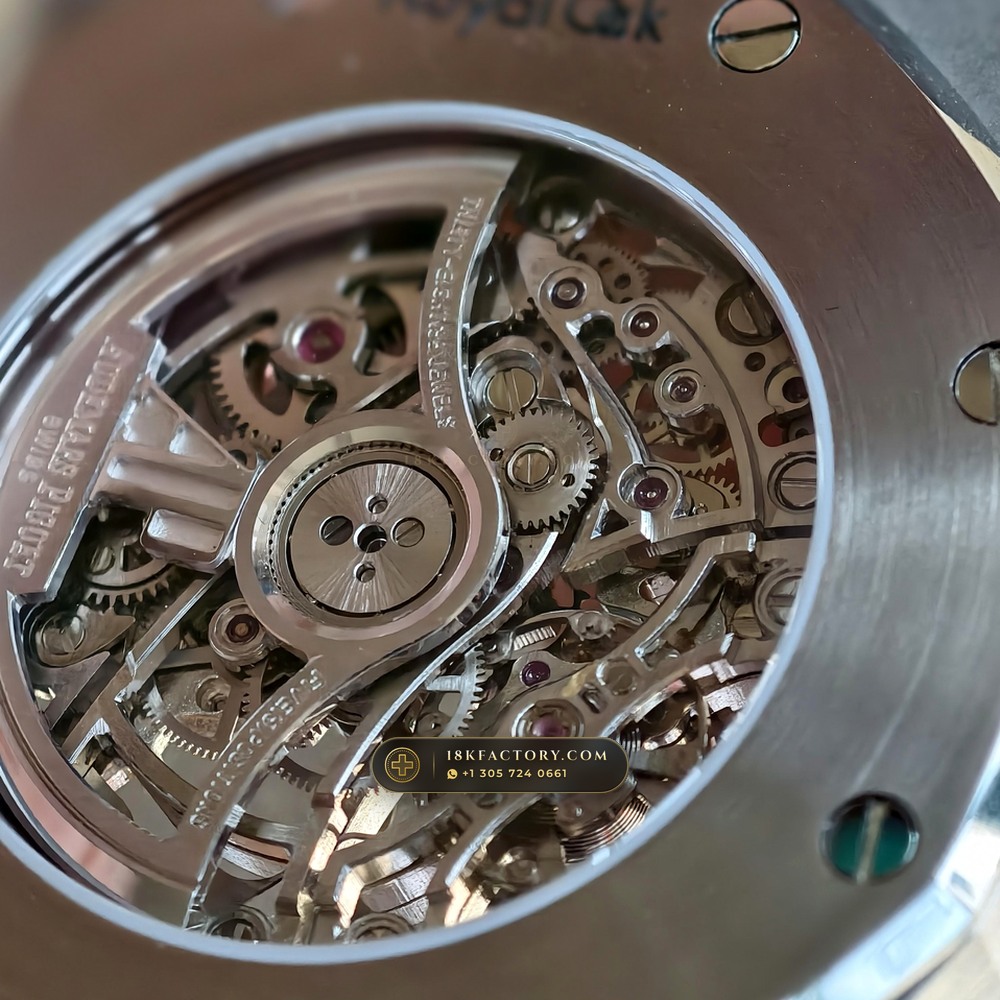 Audemars Piguet Royal Oak Double Balance Wheel Openworked 41mm Baguette Blue Topaz Bezel 18K White Gold Ref. 15412BC.TO.1220BC.01 — XRF Certified Edition — Studio Gallery Plate XIII in 18K White Gold Au750 (224.8g Verified Mass, Audemars Piguet Cal. 3132 Dual-Balance Openworked)