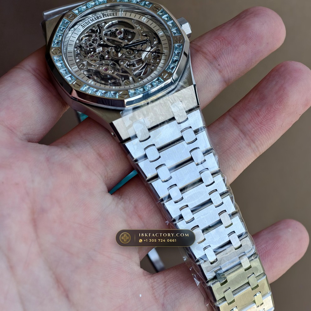 Audemars Piguet Royal Oak Double Balance Wheel Openworked 41mm Baguette Blue Topaz Bezel 18K White Gold Ref. 15412BC.TO.1220BC.01 — XRF Certified Edition — Studio Gallery Plate XIV in 18K White Gold Au750 (224.8g Verified Mass, Audemars Piguet Cal. 3132 Dual-Balance Openworked)