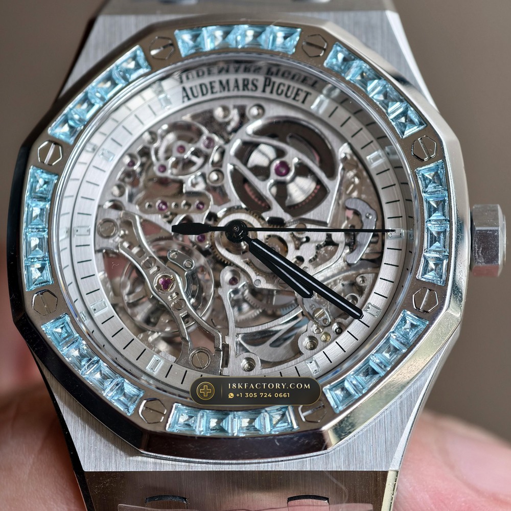 Audemars Piguet Royal Oak Double Balance Wheel Openworked 41mm Baguette Blue Topaz Bezel 18K White Gold Ref. 15412BC.TO.1220BC.01 — XRF Certified Edition — Studio Gallery Plate VII in 18K White Gold Au750 (224.8g Verified Mass, Audemars Piguet Cal. 3132 Dual-Balance Openworked)