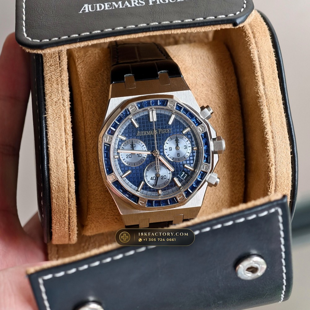 Audemars Piguet Royal Oak Selfwinding Chronograph 41mm Diamond-Set Bezel 18K White Gold Ref. 26240BC.SS.1320BC.01 — XRF Certified Edition — Studio Gallery Plate XI in 18K White Gold Au750 (158.7g Verified Mass, Audemars Piguet Cal. 4401 Flyback Chronograph)