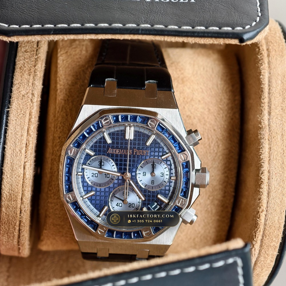 Audemars Piguet Royal Oak Selfwinding Chronograph 41mm Diamond-Set Bezel 18K White Gold Ref. 26240BC.SS.1320BC.01 — XRF Certified Edition — Studio Gallery Plate XII in 18K White Gold Au750 (158.7g Verified Mass, Audemars Piguet Cal. 4401 Flyback Chronograph)