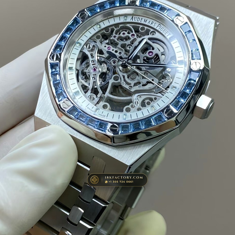 Audemars Piguet Royal Oak Double Balance Wheel Openworked 41mm Baguette Blue Topaz Bezel 18K White Gold Free-Sprung Calibre Ref. 15412BC.TO.1220BC.01 — XRF Certified Edition — Studio Gallery Plate VII in 18K White Gold Au750 (224.5g Verified Mass, Audemars Piguet Cal. 3132 Dual-Balance Openworked)