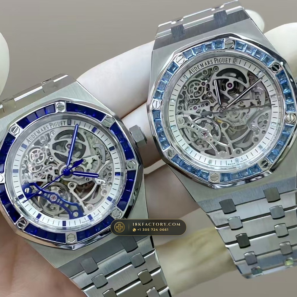 Audemars Piguet Royal Oak Double Balance Wheel Openworked 41mm Baguette Blue Topaz Bezel 18K White Gold Free-Sprung Calibre Ref. 15412BC.TO.1220BC.01 — XRF Certified Edition — Studio Gallery Plate VIII in 18K White Gold Au750 (224.5g Verified Mass, Audemars Piguet Cal. 3132 Dual-Balance Openworked)