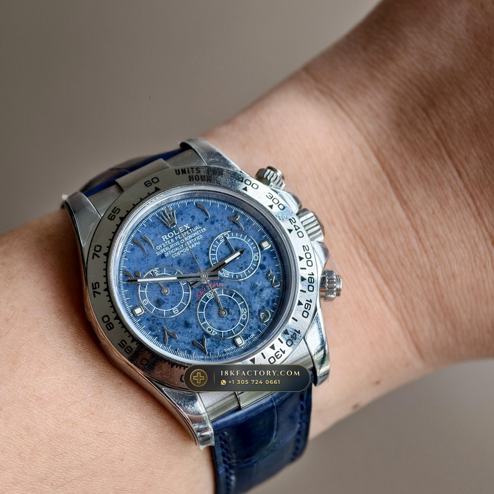Rolex Cosmograph Daytona Blue Sodalite Stone Dial 18K White Gold Ref. 116589SACI — XRF Certified Edition — Studio Gallery Plate X in 18K White Gold Au750 (153.2g Verified Mass, Rolex Manufacture Cal. 4130 - 72h Power Reserve)