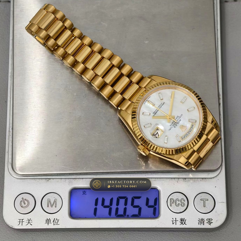 Rolex Day-Date 36 Iridescent Natural Mother-of-Pearl Dial 18K Yellow Gold Ref. 128238 — XRF Certified Edition — Studio Gallery Plate IX in 18K Yellow Gold Au750 (183.4g Verified Mass, Rolex Manufacture Cal. 3255 - 70h Power Reserve)