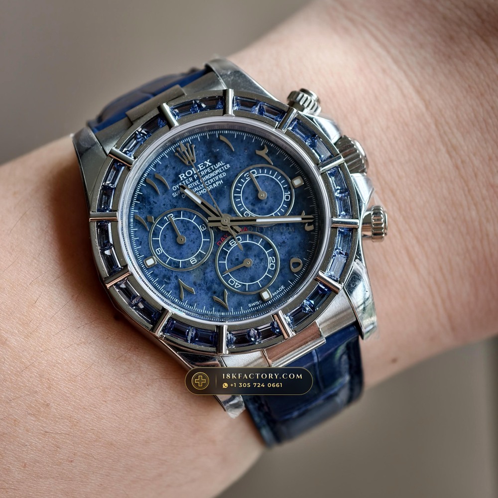 Rolex Cosmograph Daytona Blue Sodalite Stone Dial Diamond-Set Bezel 18K White Gold Ref. 116589SACI — XRF Certified Edition — Studio Gallery Plate XI in 18K White Gold Au750 (153.8g Verified Mass, Rolex Manufacture Cal. 4130 - 72h Power Reserve)