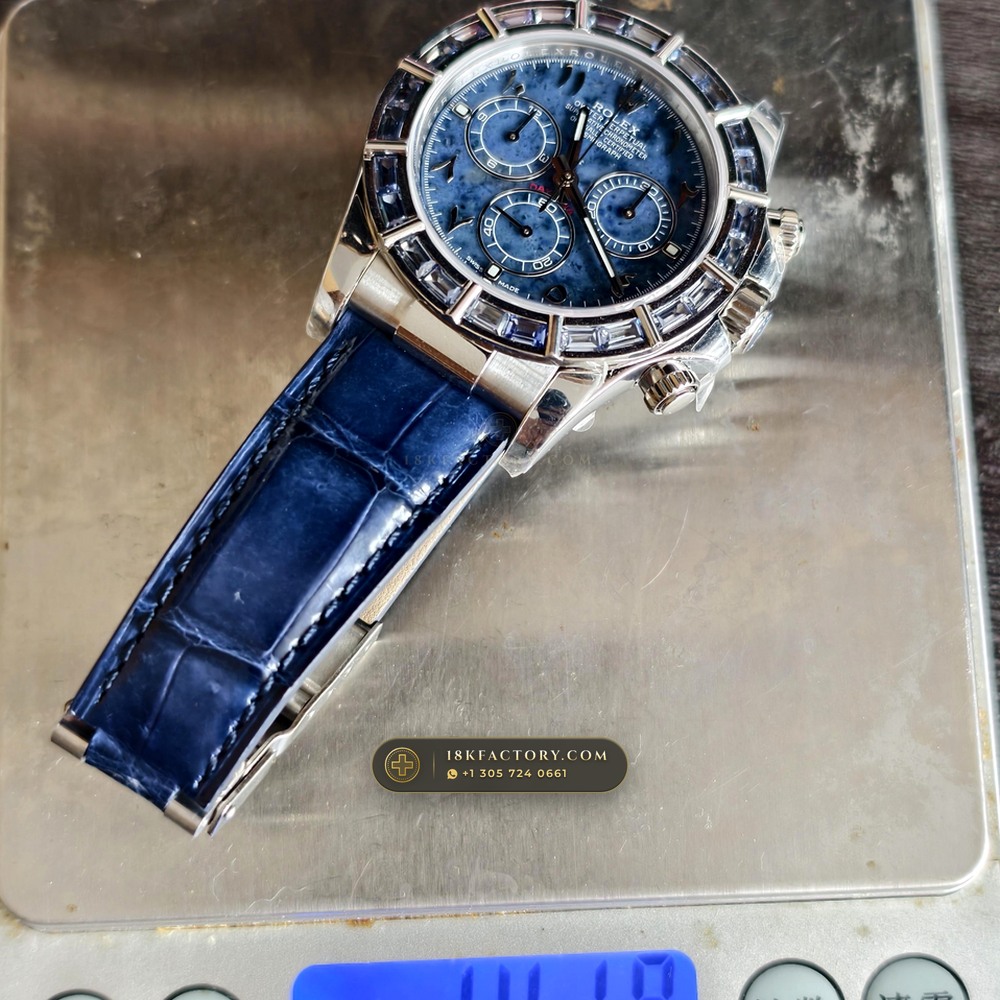Rolex Cosmograph Daytona Blue Sodalite Stone Dial Diamond-Set Bezel 18K White Gold Ref. 116589SACI — XRF Certified Edition — Studio Gallery Plate XII in 18K White Gold Au750 (153.8g Verified Mass, Rolex Manufacture Cal. 4130 - 72h Power Reserve)