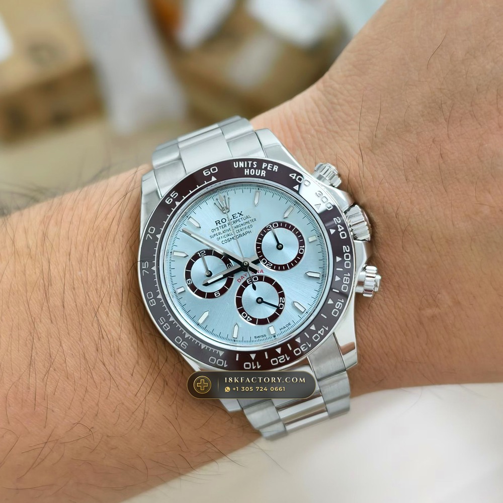 Rolex Cosmograph Daytona Platona Ice-Blue & Chestnut Cerachrom 950 Platinum Ref. 126506 — XRF Certified Edition — Studio Gallery Plate IX in 950 Platinum Pt950 (282.0g Verified Mass, Rolex Manufacture Cal. 4131 - 72h Power Reserve)