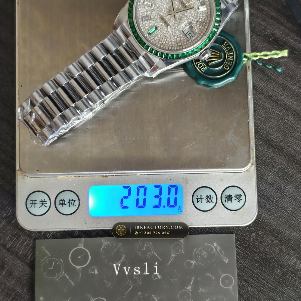 Rolex Day-Date 40 Baguette Emerald Bezel 950 Platinum Ref. 228396TEM — XRF Certified Edition — Studio Gallery Plate XI in 950 Platinum Pt950 (280.7g Verified Mass, Rolex Manufacture Cal. 3255 - 70h Power Reserve)