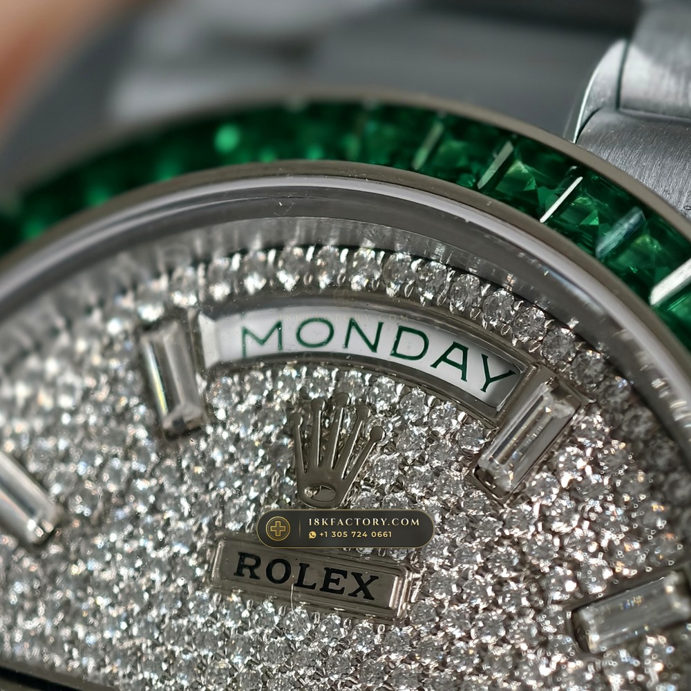 Rolex Day-Date 40 Baguette Emerald Bezel 950 Platinum Ref. 228396TEM — XRF Certified Edition — Studio Gallery Plate VII in 950 Platinum Pt950 (280.7g Verified Mass, Rolex Manufacture Cal. 3255 - 70h Power Reserve)