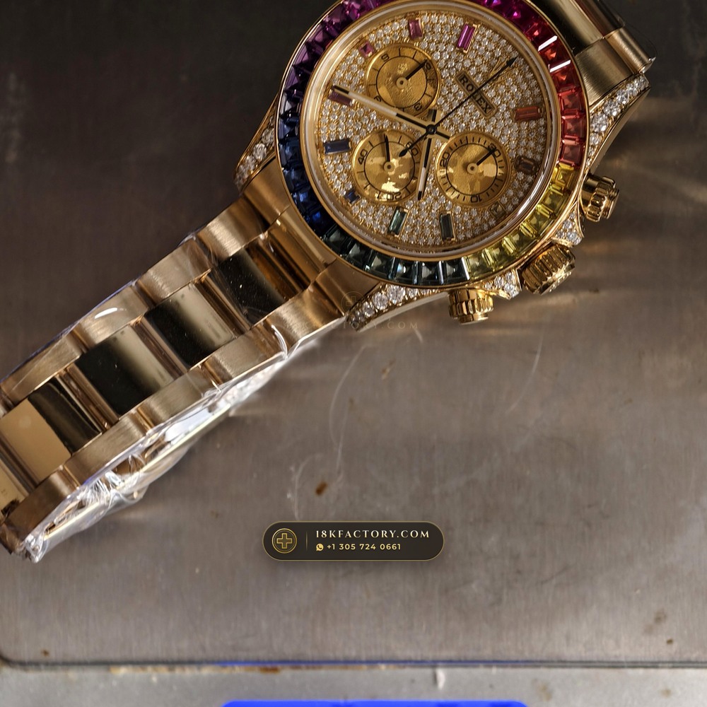 Rolex Cosmograph Daytona Rainbow 36 Graduated Sapphires & Pave Dial 18K Yellow Gold Ref. 126598RBOW — XRF Certified Edition — Studio Gallery Plate IX in 18K Yellow Gold Au750 (216.5g Verified Mass, Rolex Manufacture Cal. 4131 - 72h Power Reserve)