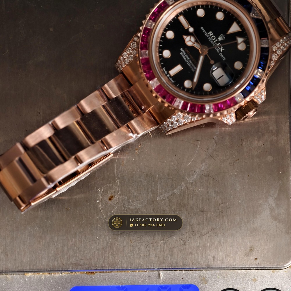 Rolex GMT-Master II Diamond-Set Bezel 18K Everose Gold Ref. 126755SARU — XRF Certified Edition — Studio Gallery Plate IX in 18K Rose Gold Au750 (225.3g Verified Mass, Rolex Manufacture Cal. 3285 - 70h Power Reserve)