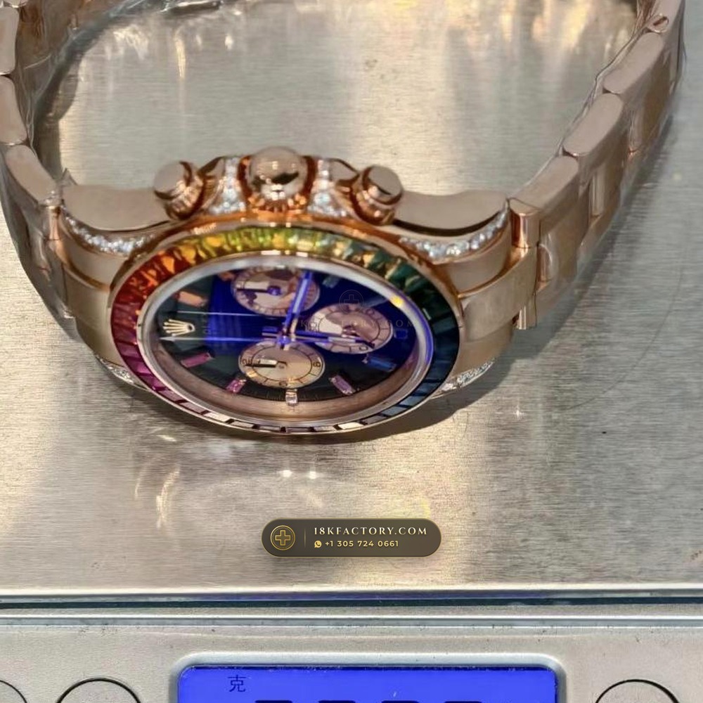 Rolex Cosmograph Daytona Rainbow Sapphire Bezel 18K Everose Gold Geneva Atelier Spec Ref. 116595RBOW — XRF Certified Edition — Studio Gallery Plate VIII in 18K Rose Gold Au750 (216.6g Verified Mass, Rolex Manufacture Cal. 4130 - 72h Power Reserve)