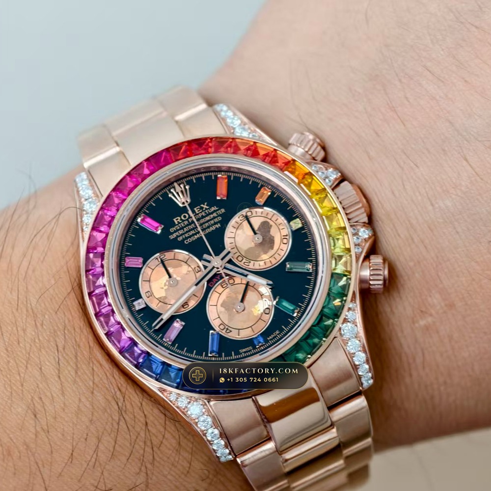 Rolex Cosmograph Daytona Rainbow Sapphire Bezel 18K Everose Gold Custom SW Dial Ref. 116595RBOW — XRF Certified Edition — Studio Gallery Plate VII in 18K Rose Gold Au750 (216.5g Verified Mass, Rolex Manufacture Cal. 4130 - 72h Power Reserve)