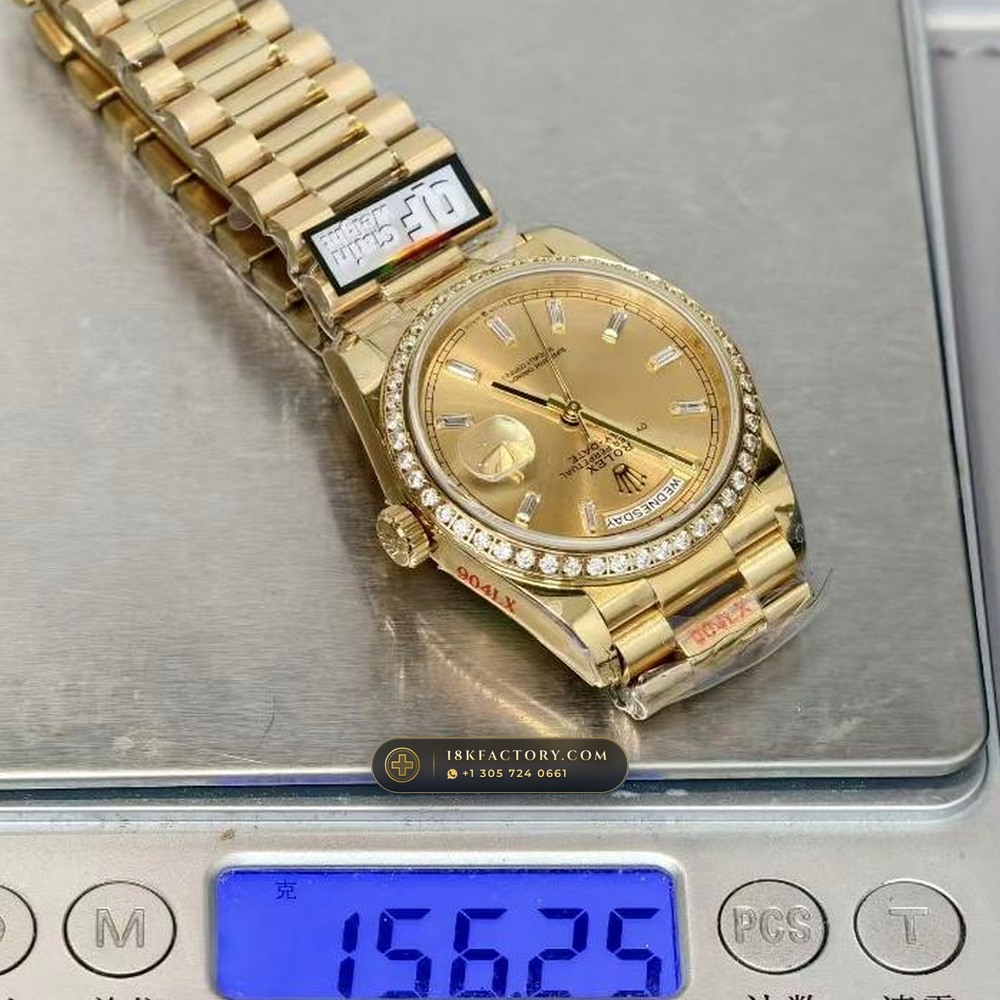 Rolex Day-Date 36 Diamond-Set Bezel 18K Yellow Gold Ref. 128238 — XRF Certified Edition — Studio Gallery Plate VIII in 18K Yellow Gold Au750 (183.7g Verified Mass, Rolex Manufacture Cal. 3255 - 70h Power Reserve)