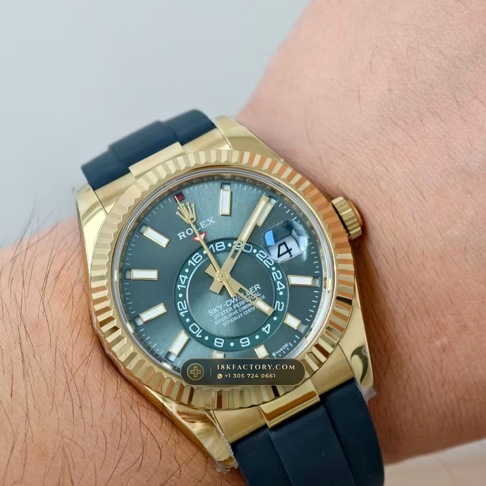 Rolex Sky-Dweller Sunray Green Dial 18K Yellow Gold Ref. 336938 — XRF Certified Edition — Studio Gallery Plate VIII in 18K Yellow Gold Au750 (252.0g Verified Mass, Rolex Manufacture Cal. 9002 Annual Calendar)