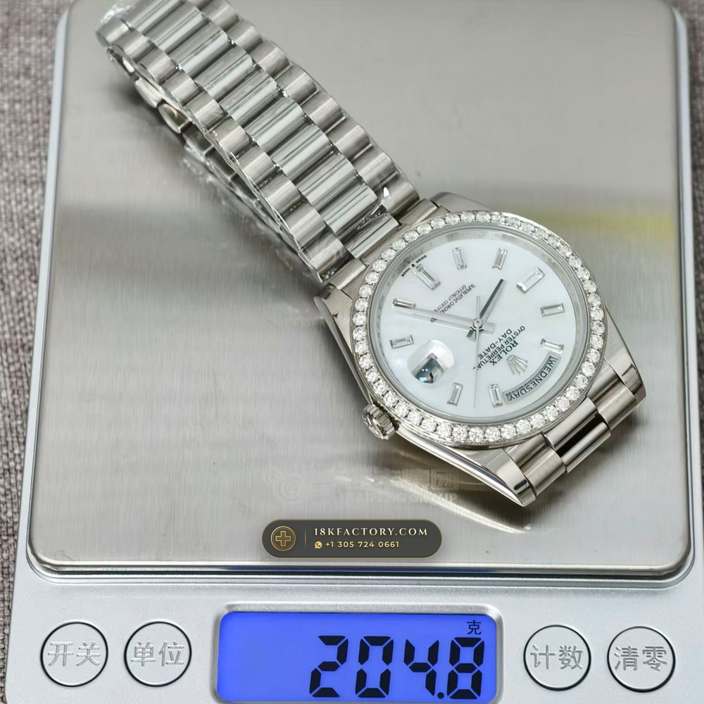 Rolex Day-Date 40 Mother-of-Pearl Dial & Diamond Bezel 18K White Gold Ref. 228349RBR — XRF Certified Edition — Studio Gallery Plate VII in 18K White Gold Au750 (210.8g Verified Mass, Rolex Manufacture Cal. 3255 - 70h Power Reserve)