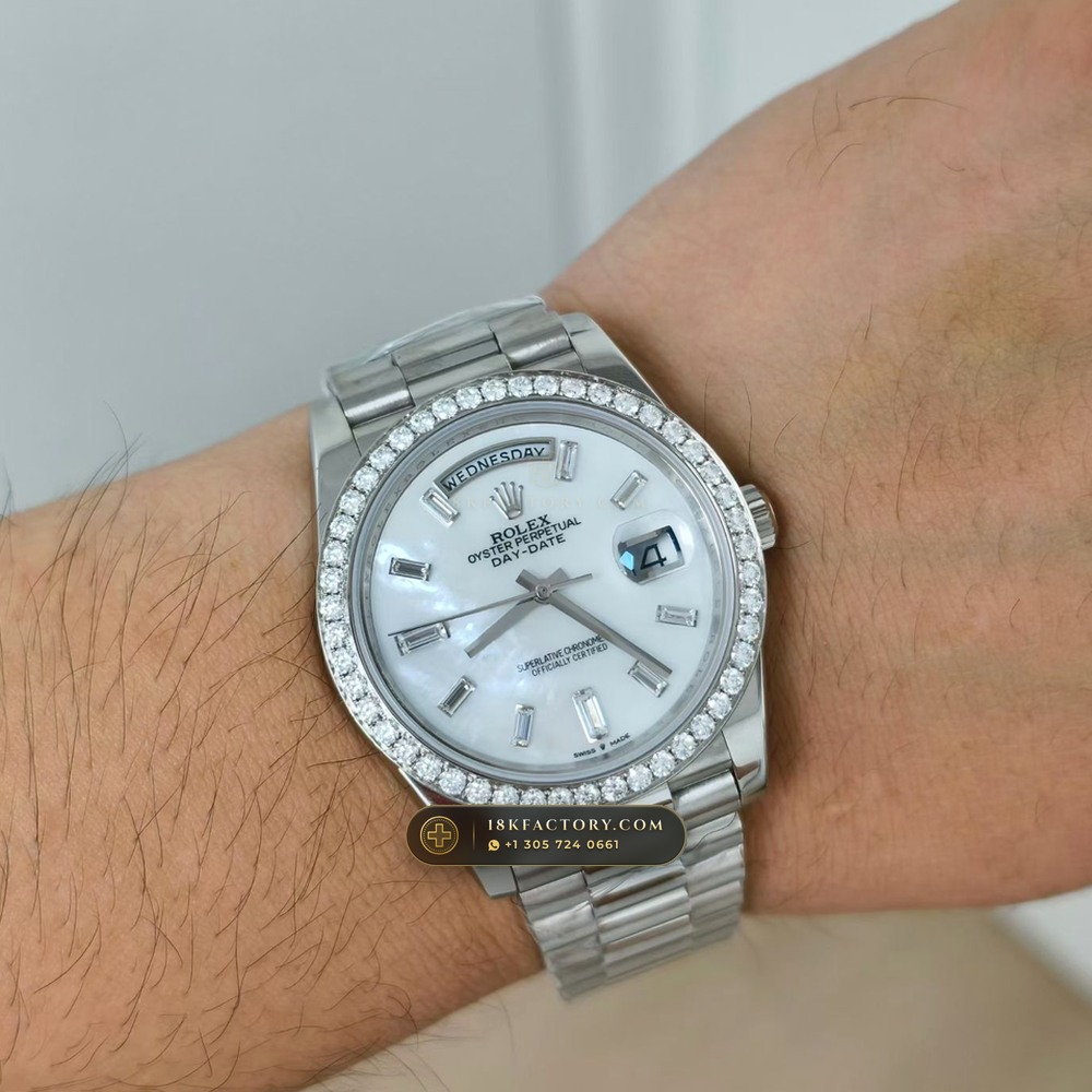 Rolex Day-Date 40 Mother-of-Pearl Dial & Diamond Bezel 18K White Gold Ref. 228349RBR — XRF Certified Edition — Studio Gallery Plate VIII in 18K White Gold Au750 (210.8g Verified Mass, Rolex Manufacture Cal. 3255 - 70h Power Reserve)