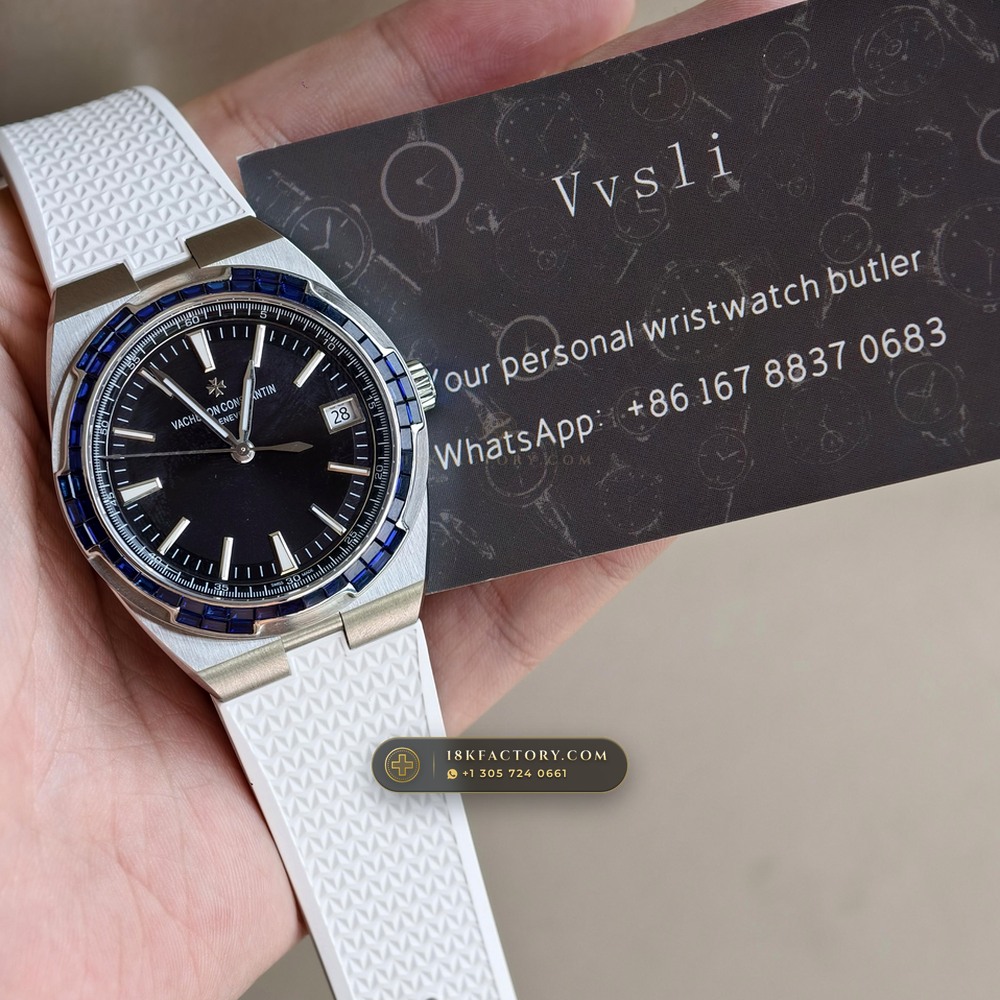 Vacheron Constantin Overseas Self-Winding 41mm Baguette Sapphire Bezel 18K White Gold Ref. 4500V/110G-B705 — XRF Certified Edition — Studio Gallery Plate X in 18K White Gold Au750 (188.3g Verified Mass, Vacheron Constantin Cal. 5100 - 22K Gold Maltese Rotor)